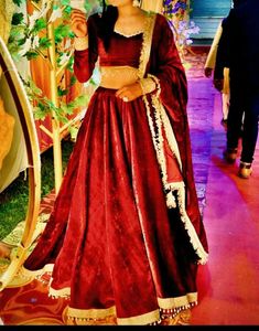 Elegant Maroon Velvet Lehenga Choli