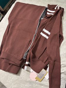 Brown Knit Cardigan &amp; Wide Leg Pants Set