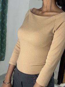 Ribbed Off-Shoulder Long Sleeve Top