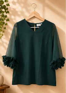 Elegant Green V-Neck Top with Floral Detail