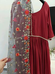 Brick Red Flared Kurta With Dupatt