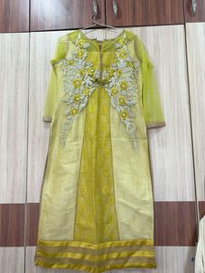 Elegant Lime Green Embroidered Kurta with Net