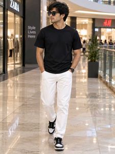 Men's Black T-Shirt with White Pants
