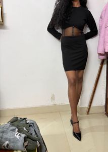 Chic Black Sheath Dress with Floral Waist
