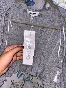 Grey Ribbed Cropped Cardigan with Ruffles