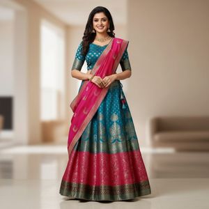 Elegant Lehenga Choli Set - Teal & Pink
