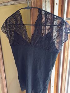 Black Lace Trim Bodysuit Top