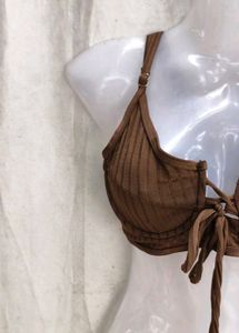 Brown Ribbed Lace-Up Bikini Top