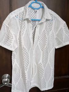 White Crochet Button-Up Shirt