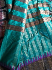 Teal &amp; Gold Striped Saree