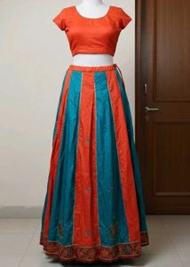 Embroidered Teal & Orange Skirt