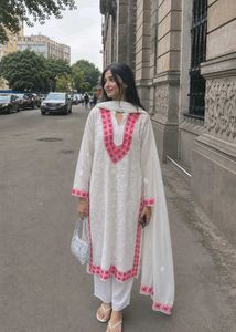 White Chikankari Kurta with Pink Embroidery