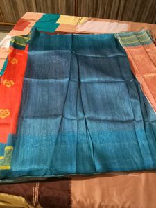 tomato red+ rama colour cotton blend sari with blo