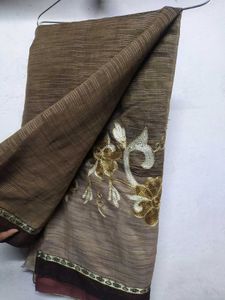 Brown Embroidered Cotton Saree
