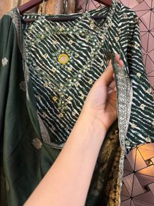 Halter neck Green Kurta Set with Dupatta