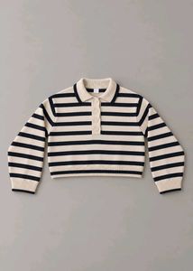 BLACK &amp; CREAM STRIPED CROPPED POLO KNIT SWEATER