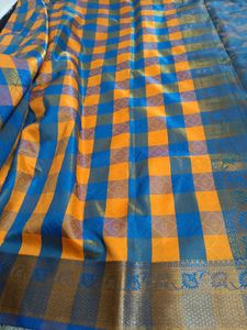 Blue and Yellow Checks saree