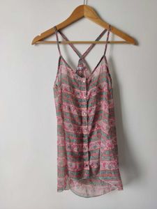 Sheer Floral Print Button-Up Cami Top