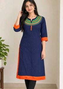 Elegant Navy Blue Kurta with Orange Trim