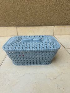 Combo of Blue Plastic Storage Basket with Lid and