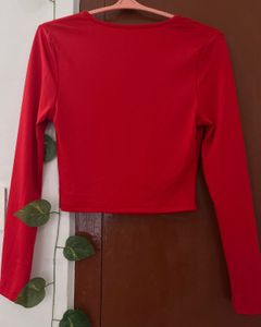 Red Long Sleeve Crop Top with Bow Detail