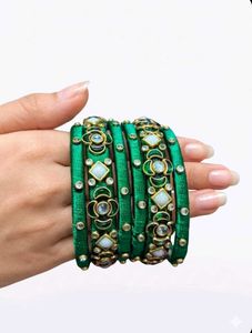 Elegant Green Silk Thread Bangles with Kundan