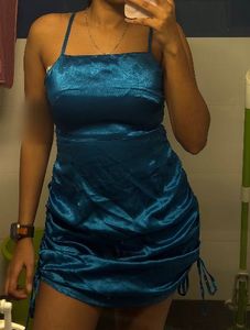 Stunning Teal Ruched Satin Dress