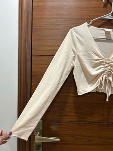 Beige Ruched Long Sleeve Crop Top