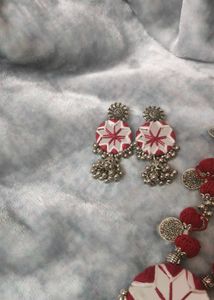 Boho Red Thread &amp; Mirror Work Necklace Set