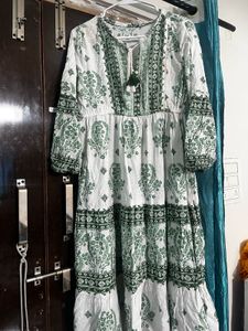 Boho Chic White &amp; Green Print Dress