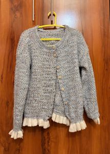 Cozy Ruffle Tweed Trim Cardigan