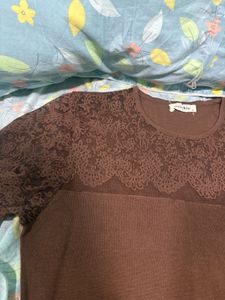 Brown Lace Detail T-Shirt
