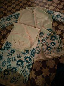 Cream Teal Print Kurta Set