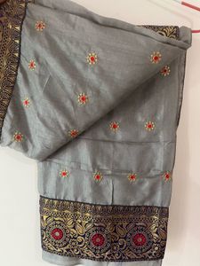 Elegant Grey Embroidered Saree