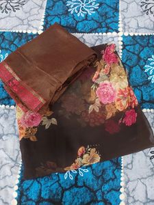 Brown Flower Print Saree With Blouse Pis