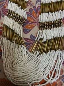 Bohemian White &amp; Gold Beaded Statement Necklace
