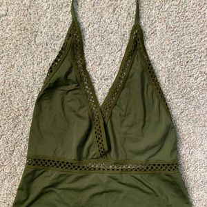 Olive Green One-Piece Swimsuit with Lace Trim