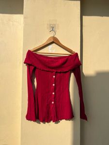 Chic Off-Shoulder Red Ribbed Button-Up Top