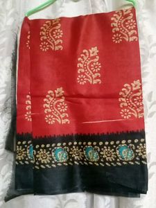 Red Saree with Ethnic Block Print