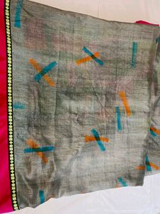 Elegant Grey Saree with Pink Border