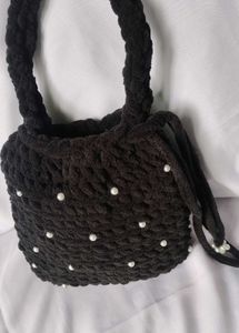 Handmade Black Crochet Pearl Bag🖤