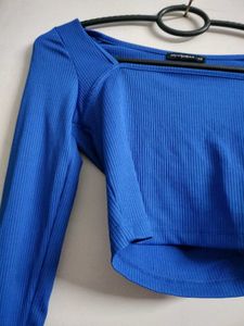 Blue Square Neck Long Sleeve Cropped Top