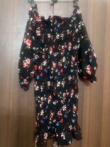 Black Floral Print Ruched Dress