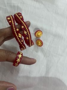 Red & Golden Bangles, Ring & Earrings Set