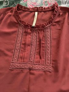 Solid Round Neck Brown Top For Women