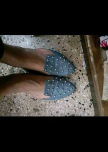 Studded Party Wear Blue Slip-On Flats In 39 Number