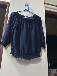 Mango Navy Blue Smocked Top