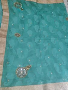 Elegant Teal Saree with Gold Border