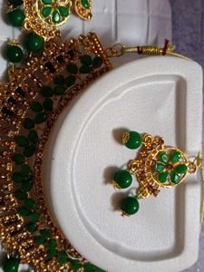 Green &amp; Gold-Tone Necklace and Earring Set