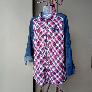Chic Plaid & Denim Tunic Shirt